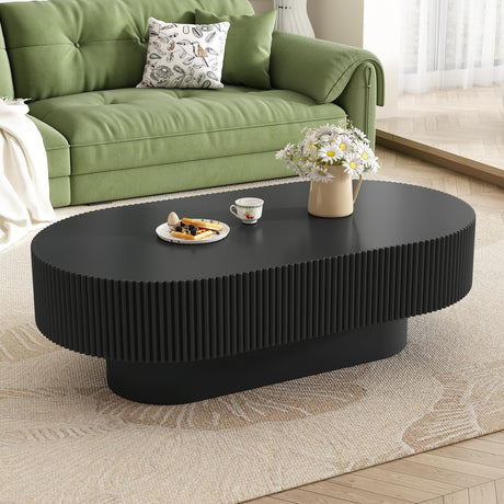 Merax Modern Oval Coffee Table with Sturdy Base, Wood Minimalist Fluted Center Tables for Living Room Reception Room, Easy Assemble,Black Merax