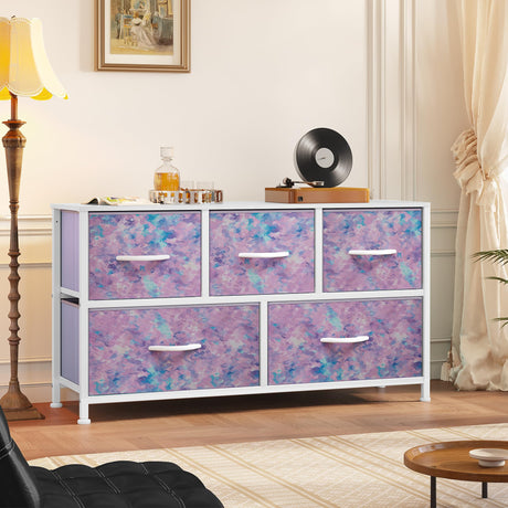 YITAHOME Wide Storage Tower with 5 Drawers - Fabric Dresser, Organizer Unit for Bedroom, Living Room, Closets - Sturdy Steel Frame, Easy Pull Fabric Bins & Wooden Top YITAHOME