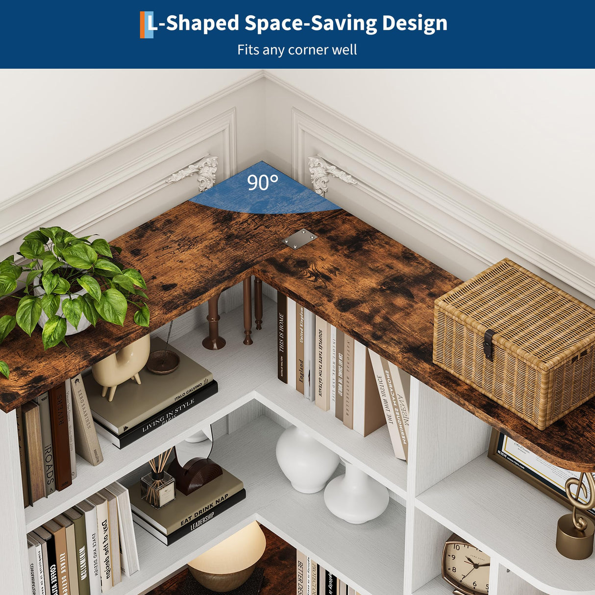 Garvee 74'' Tall Corner Bookshelf - 6-Tier Book Shelf with Drawer and Cabinets, l-Shaped Bookcase Open Storage Shelves Modern Display Shelf for Home, Office Garvee