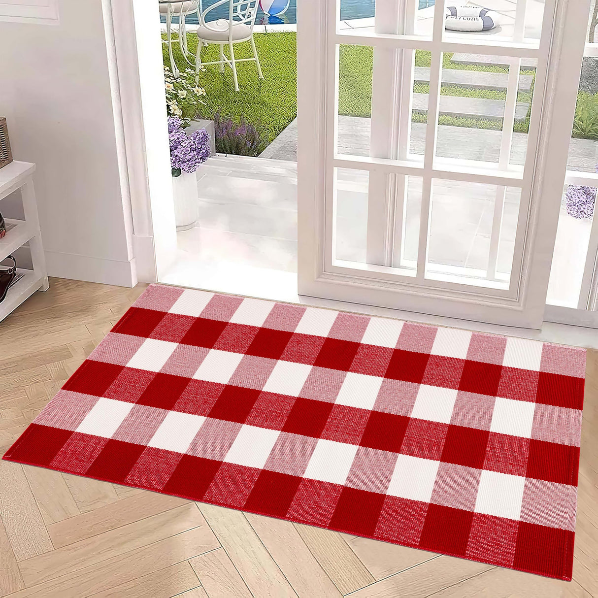 Christmas Outdoor Rugs 24 x 51''Red White Buffalo Plaid Front Porch Rug Hand-Woven Machine Washable Indoor/Outdoor Layered Door Mats for Entryway/Bedroom/Outdoor BUAGETUP