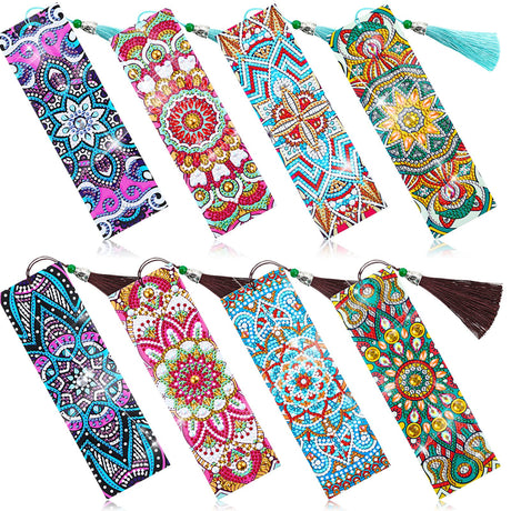 Zonon 8 Pcs Diamond Painting Bookmarks 5D Floral Art Painting Bookmarks PU Leather DIY Mandala Style Study Supplies with Tassels for Adults Gift Crafts Zonon