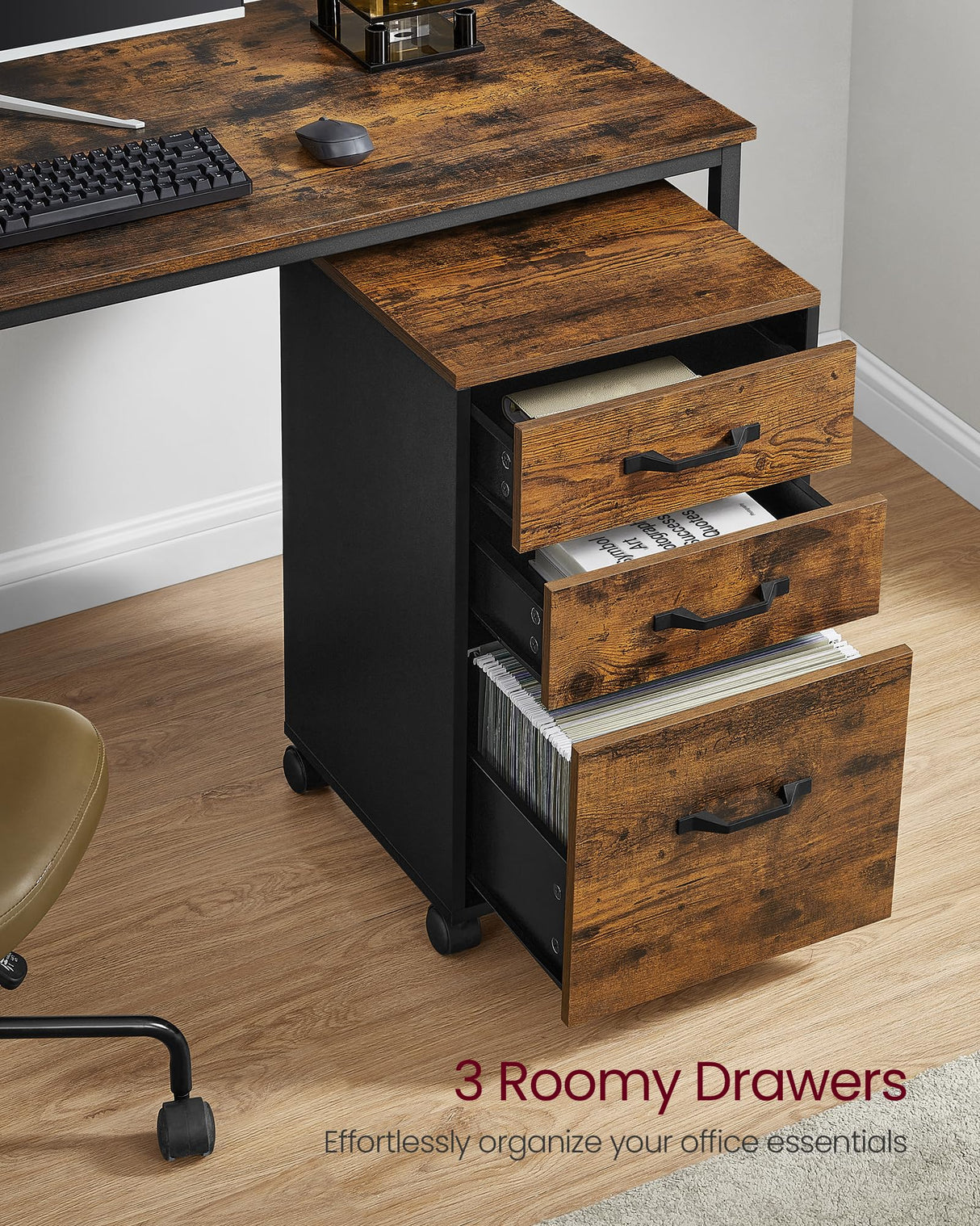 VASAGLE File Cabinet, 3 Drawers Filing Cabinet for Home Office, with Wheels, for A4, Letter Sized Documents, Hanging File Folders, Rustic Brown and Ink Black UOFC065B01 VASAGLE