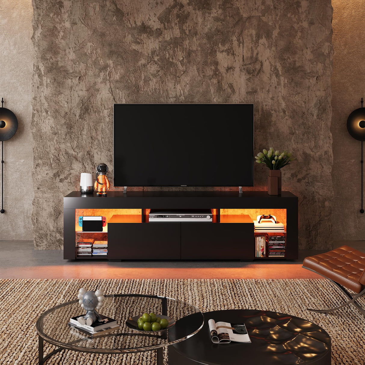 WLIVE 63 Inch TV Stand, LED Entertainment Center for 60 to 70 Inch TV, Modern TV Console with 2 Drawers, TV Stands for Living Room, Black WLIVE