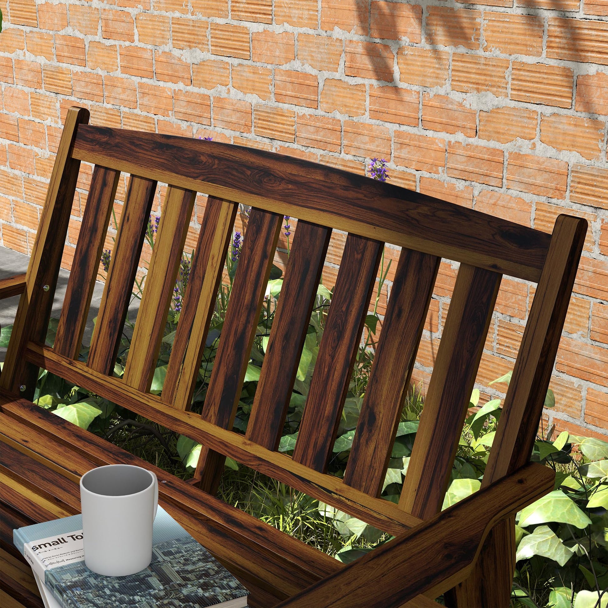 Outsunny Carbonized Wood 2-Person Garden Bench with Cupholder Armrests - WoodArtSupply