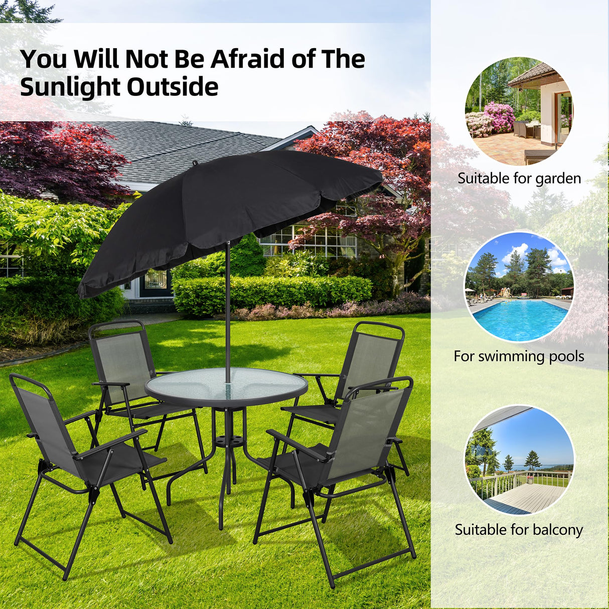 Vongrasig 6 Pieces Folding Patio Dining Set, All Weather Small Metal Outdoor Table and Chairs Set, Patio Furniture Set w/Umbrella, Glass Table & 4 Folding Chairs for Garden, Lawn, Backyard, Black Vongrasig