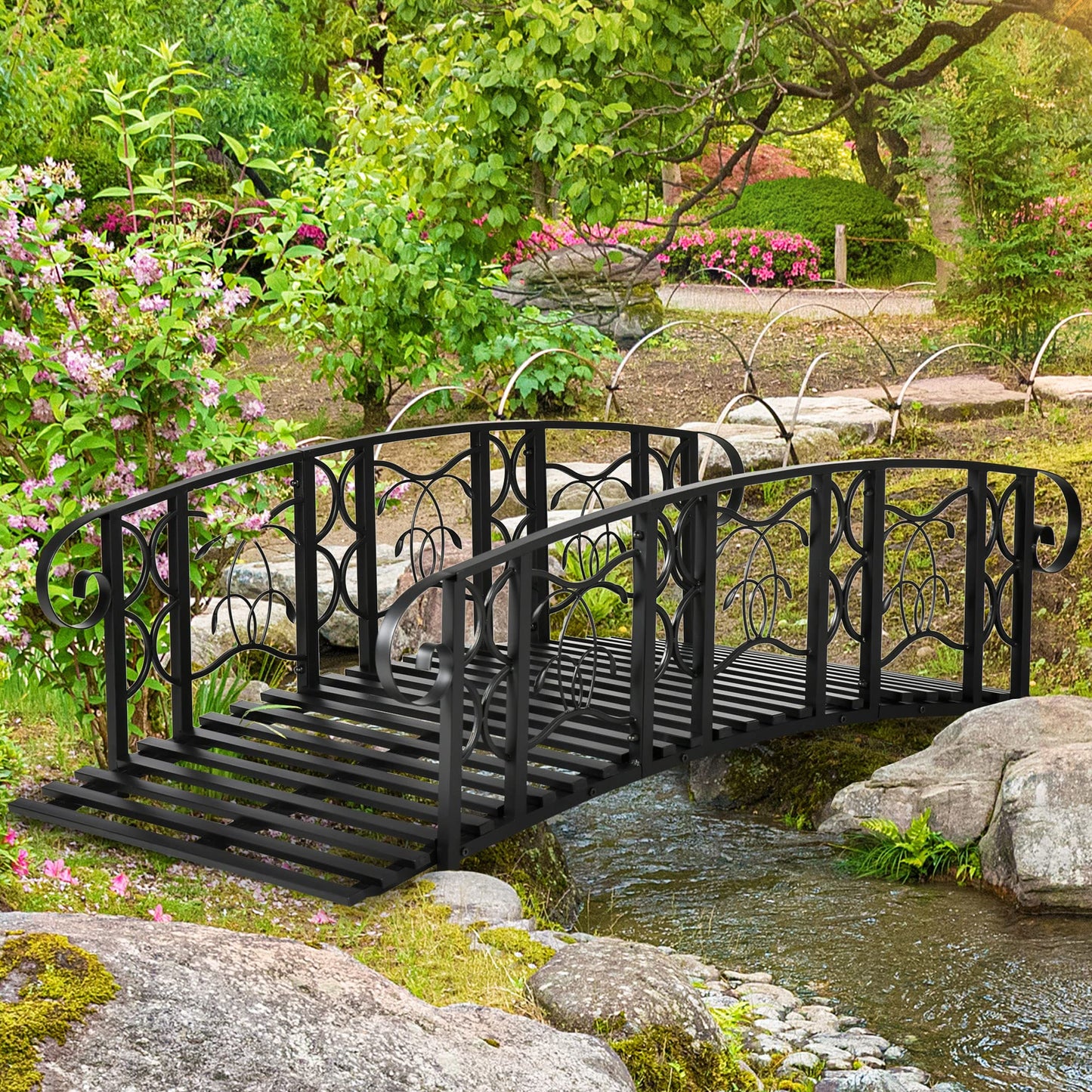 Outsunny 6' Metal Arch Backyard Garden Bridge with 660 lbs. Weight Capacity, Safety Siderails, Vine Motifs, & Easy Assembly for Backyard Creek, Stream, Pond, Black - WoodArtSupply