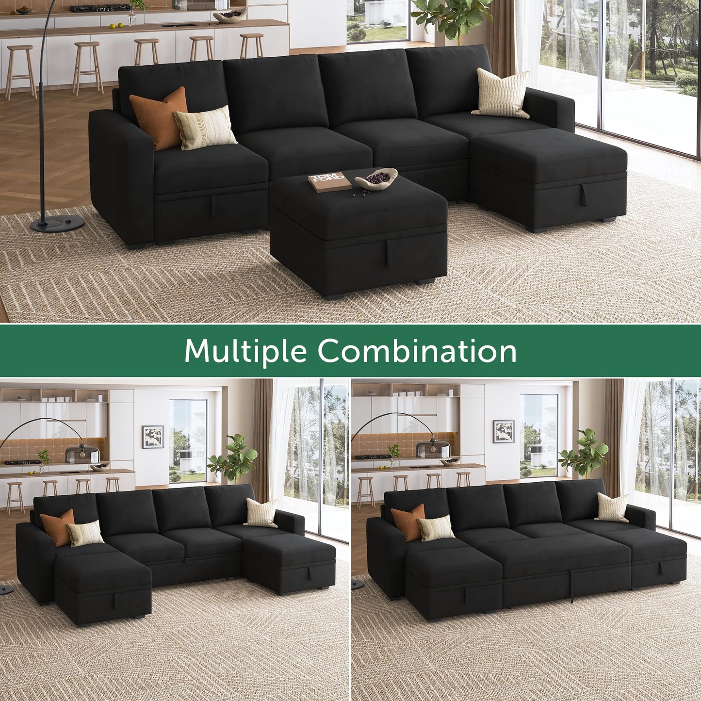 HONBAY Modular Sectional Sleeper Sofa Bed, Velvet Sectional Couch with Pullout Bed U Shaped Modular Couch with Storage Ottoman for Living Room, Black