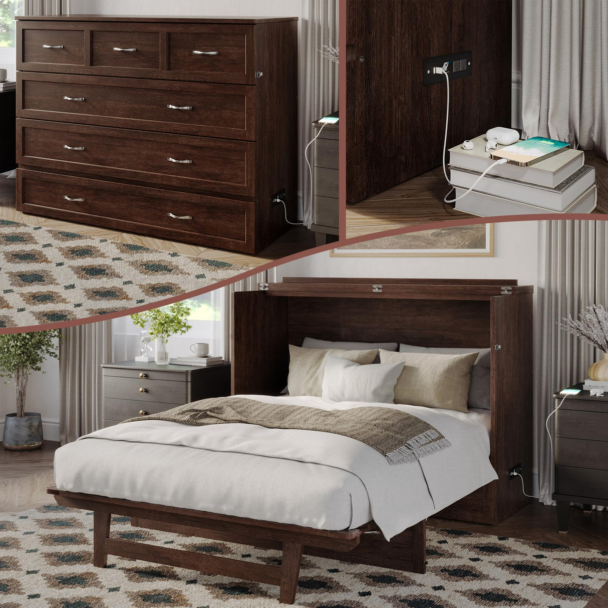 AFI, Northfield Murphy Bed Chest Full with 6" Mattress, Storage Drawer & Built-in USB Charger, Burnt Amber AFI