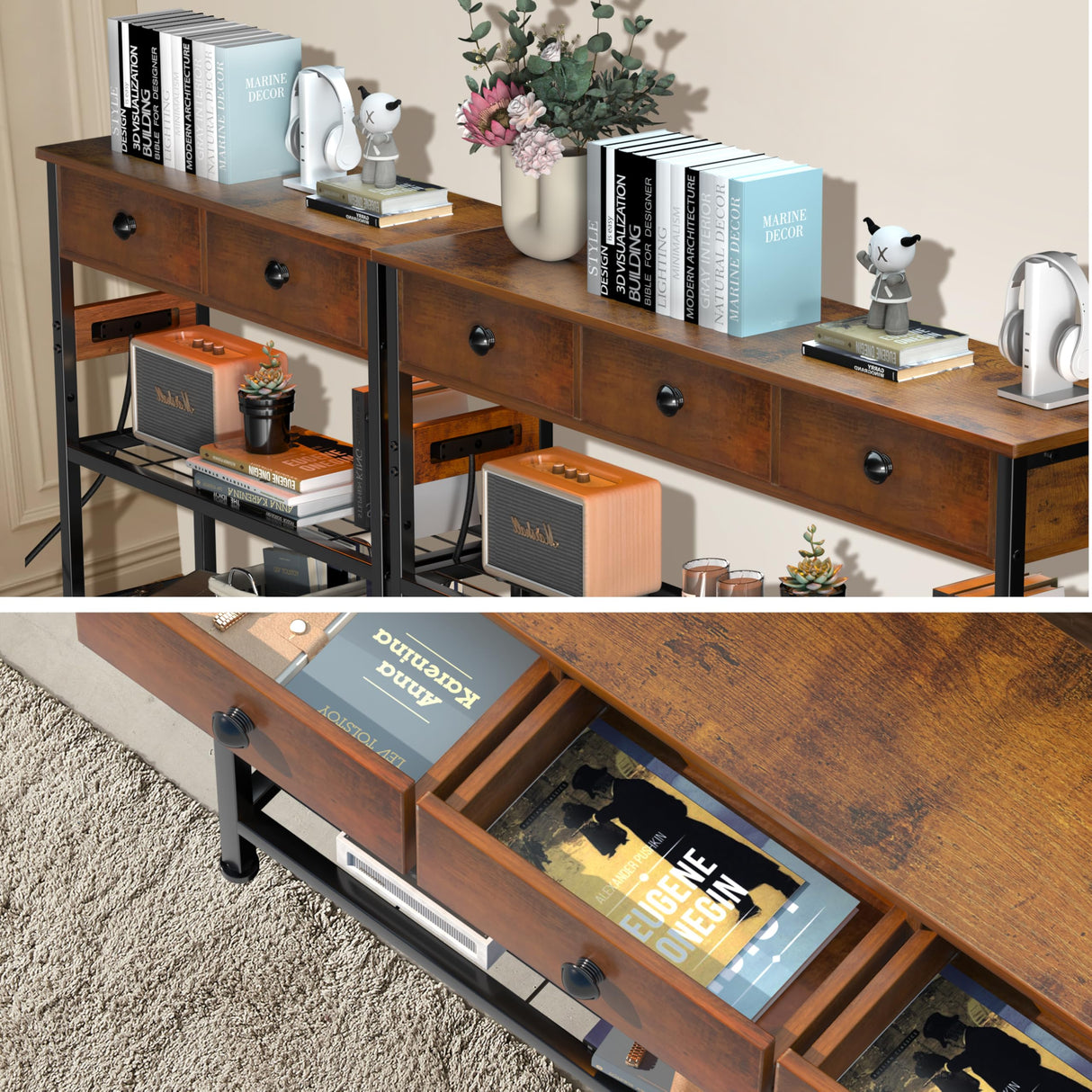 Keelian 47" Entryway Table with Outlets: Console Table with 3 Wood Drawers and Storage Shelves, USB Ports, LED Light Strip for Sofa, Living Room, Hallway, Foyer, Couch, TV and Aquarium Stand Keelian