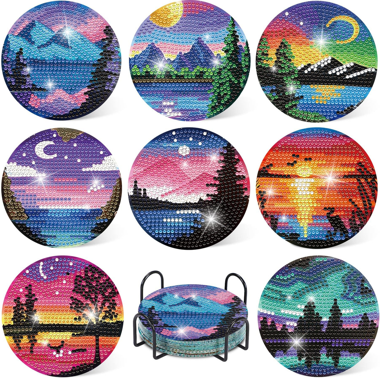 8 Pcs Diamond Art Coasters Kits with Holder, Landscape DIY Diamond Paintings Coaster Kits,Scenery Full Drill Rhinestone Painting Kits for Adults Beginners Art Craft Supplie for Tabletop Protection. eniref
