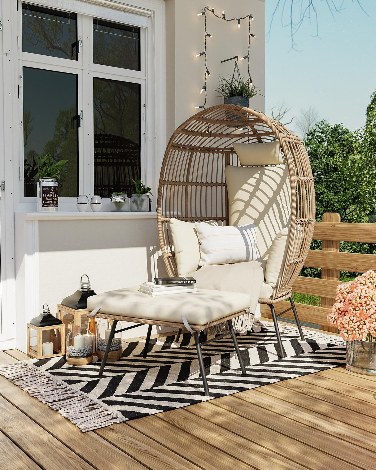 GarveeLife Oversize Wicker Egg Chair with Ottoman, Egg Basket Lounge Chair with Thick Cushion, Comfy Egg Rattan Seat for Indoor Outdoor Patio Porch Backyard, Beige GarveeLife