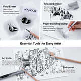 KALOUR 29 Pro Sketching Drawing Pencils Set with Roll-Up Nylon Case – 14 Graphite Pencils (14B–5H), Charcoal Pencils, Erasers, Sharpener & Stumps – Complete Art Kit for Artists & Beginner KALOUR