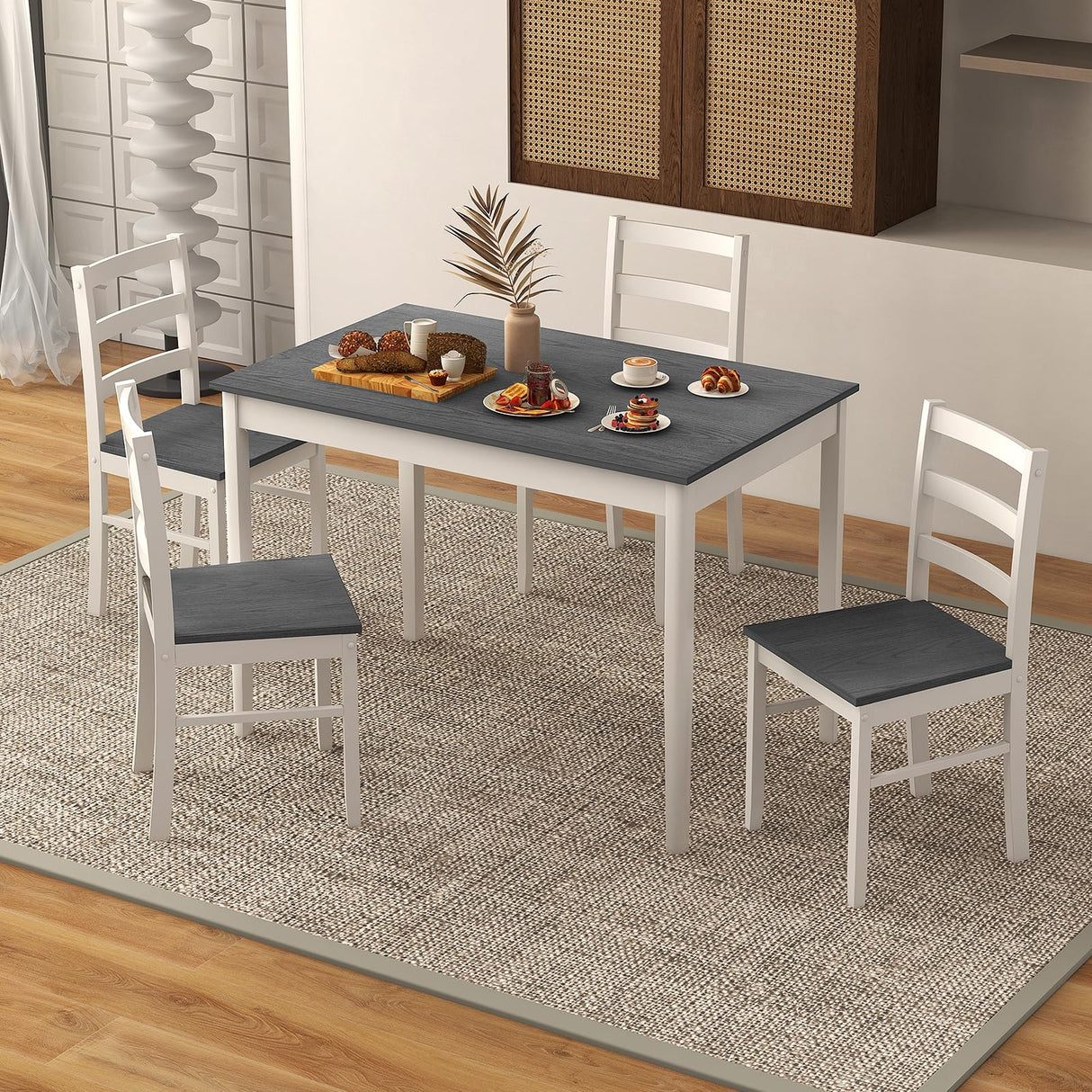 COSTWAY Dining Table Set for 4, Wood Kitchen Table Chairs Set with Rubber Wood Legs, Space-Saving Design, Modern 5-Piece Dinette Set for Small Place, Kitchen, Dining Room, Restaurant (Grey) COSTWAY