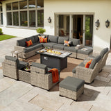 HOOOWOOO Outdoor Sectional Patio Furniture Set with Fire Pit Table,15 Pieces Wicker Conversation Sets L Shaped Couch,Extra Deep Out Door Sofa Outside Furniture with Swivel Chairs Ottomans,Black HOOOWOOO