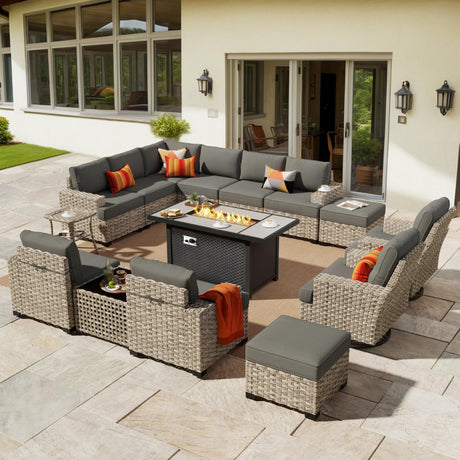 HOOOWOOO Outdoor Sectional Patio Furniture Set with Fire Pit Table,15 Pieces Wicker Conversation Sets L Shaped Couch,Extra Deep Out Door Sofa Outside Furniture with Swivel Chairs Ottomans,Black HOOOWOOO