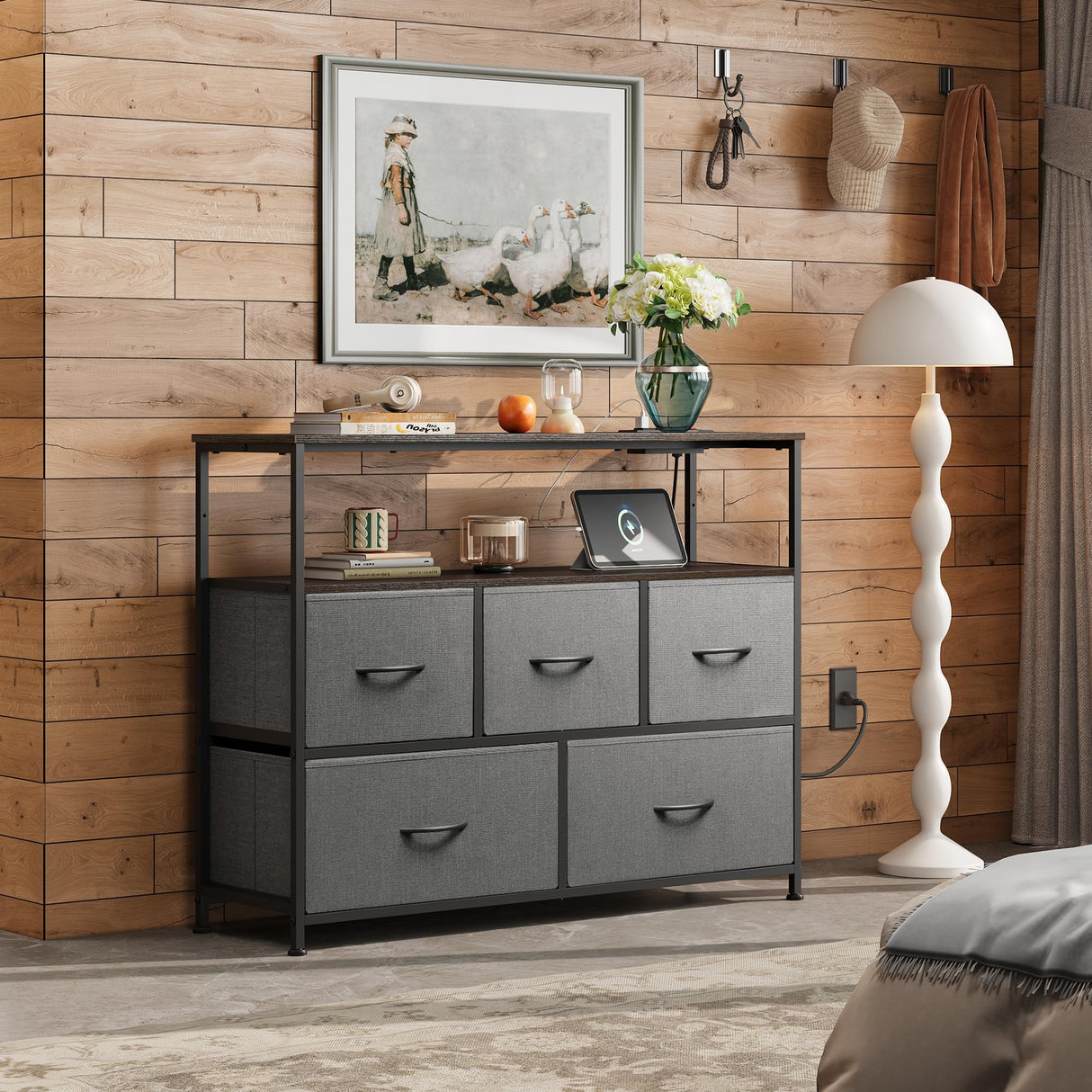 WLIVE 5 Drawer Dresser TV Stand for 45 Inch TV, Entertainment Center with Open Shelf and Power Outlet, Chest of Drawers for Bedroom, Living Room, Closet, Dark Grey WLIVE