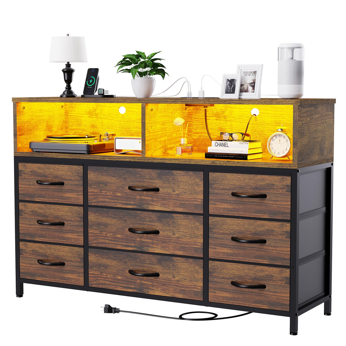 eiskah Dresser for Bedroom, Led Dresser TV Stand with Power Outlets and LED Lights, Long Fabric Dressers Wide Chest of Drawers with Large Organizer for Living Room, Entryway, Hallway,Rustic Brown eiskah