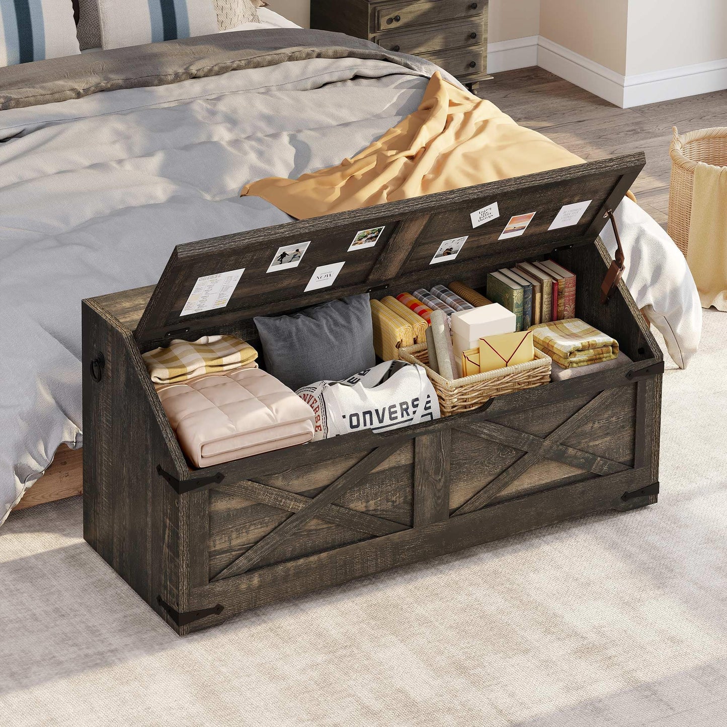 DWVO Storage Chest, Farmhouse Storage Bench with 4 Wheels, 39.4" Wood Storage Trunk with Safety Hinge, Sloped Design, Storage Organizer for Living Room, Bedroom, Entryway, Dark Rustic Oak - WoodArtSupply