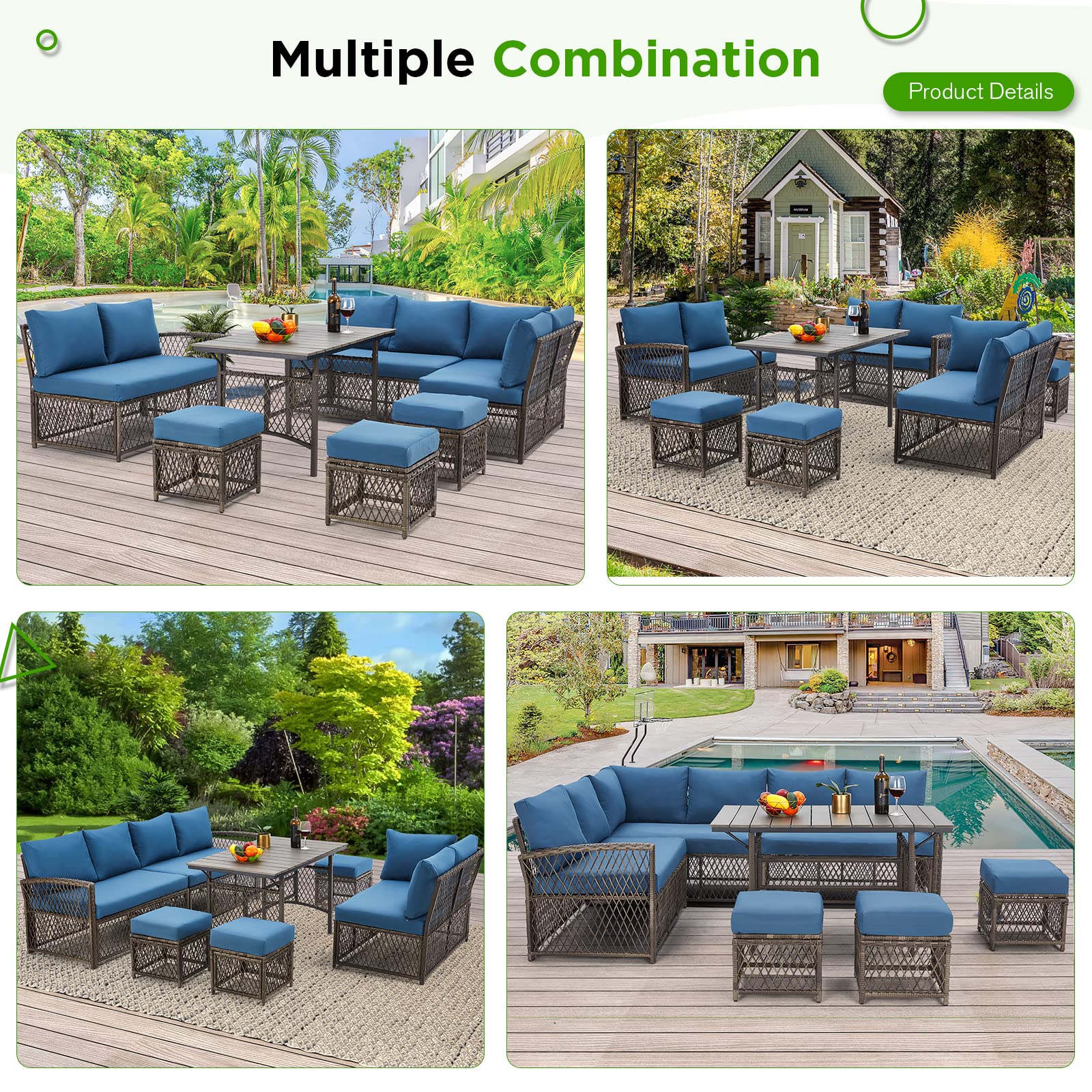 AECOJOY Patio Furniture Set, Outdoor Patio Furniture with Dining Table&Chair, 7 Pieces All Weather Wicker Conversation Set with Ottoman,Navy - WoodArtSupply