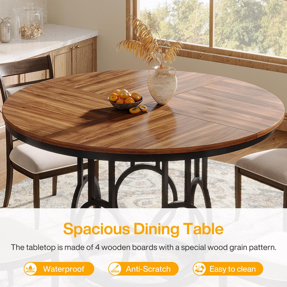 Tribesigns Round Dining Table for 4-6 People, 47-Inch Circle Kitchen Table Large Dining Room Table with Sturdy Metal Base, Wood Dinner Table for Dining Room, Kitchen, Living Room, Dark Walnut & Black Tribesigns