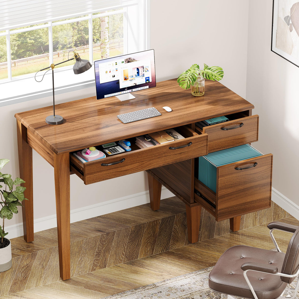 Tribesigns 47" Computer Desk with 3 Drawers, Farmhouse Office Desk with Storage, Wood Teacher Desk Writing Table with File Drawers for Home Office, Bedroom, Study Room, Brown Tribesigns