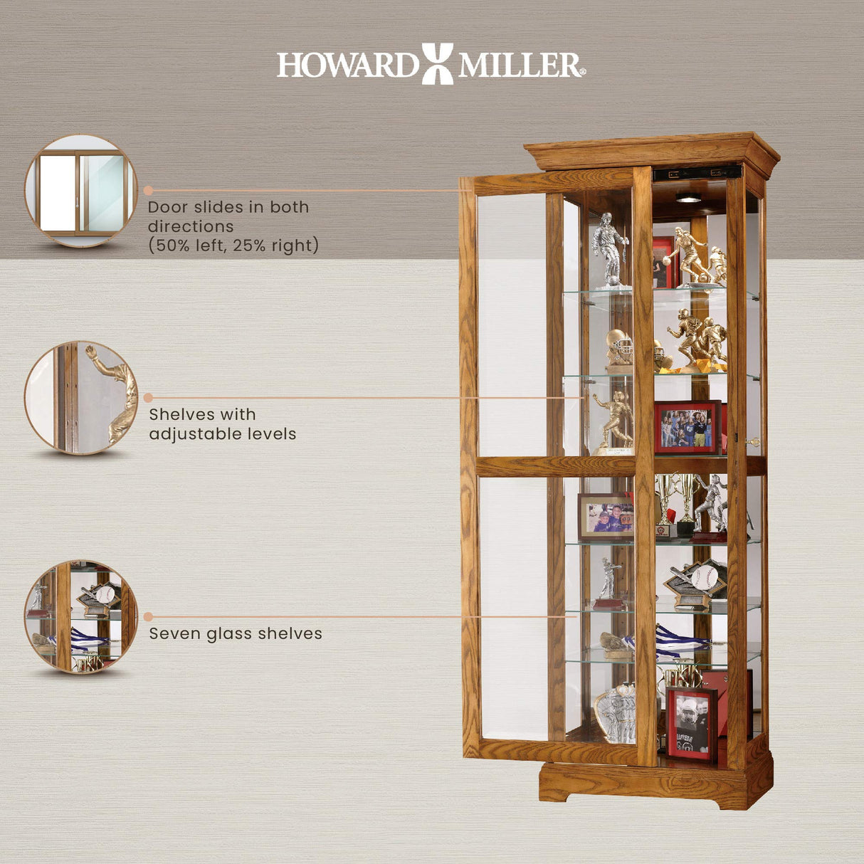 Howard Miller Moorland Curio Cabinet – Lighted Wooden Curio Cabinet with Adjustable Shelves Mirrored Back Locking Beveled Glass Door No Reach Interior Light Switch Quality Office & Home Decor Howard Miller