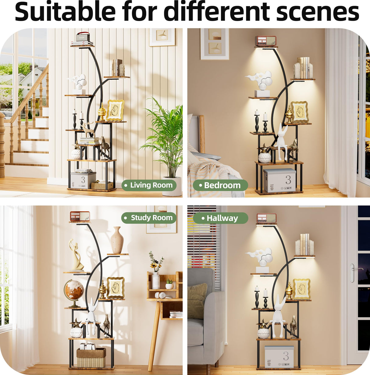 Tall Corner Shelf Stand with LED Lights, 8 Tier Bookshelf for Living Room, 65" Black Display Shelf Storage Cabinet Metal Plant Stand, Standing Rack Shelves Cases for Home Decor, Bedroom, Office JUSTOGO