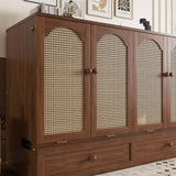 VilroCaz Queen Size Murphy Bed with Unique Rattan Decoration& Large Drawer and Charging Station, Wood Cabinet Bed, Can be Folded Platform Bed for Guest Room Home Office (Walnut-4.14) VilroCaz