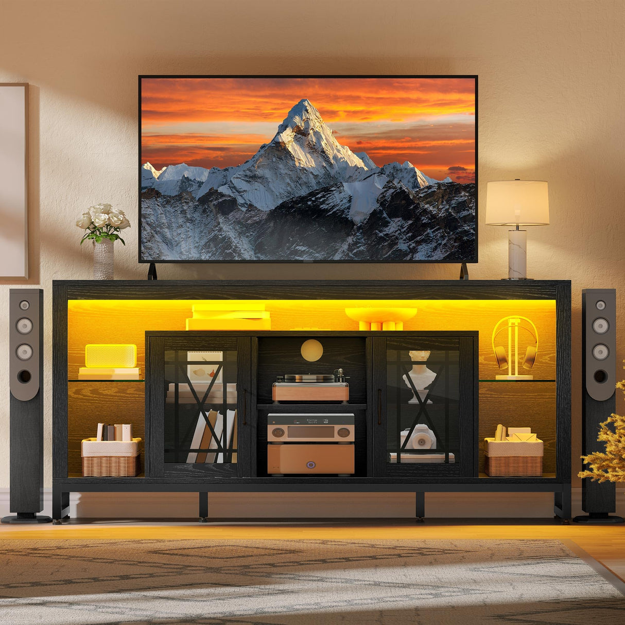 YITAHOME 33.5'' Tall TV Stand for 75 inch TV, LED Entertainment Center with Storage, Black TV Stands for Living Room with Acrylic Doors & Power Outlets, Tall TV Console Cabinet, Black YITAHOME