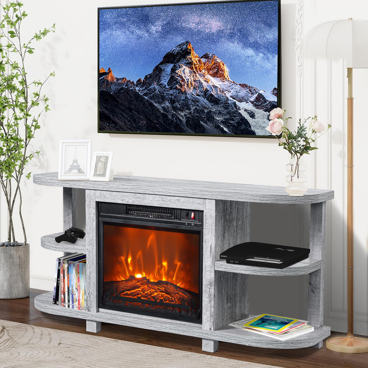 COMEFFIE 48" TV Stand with 18" Electric Fireplace Heater, Modern TV Stand for TVs up to 55 Inch, Entertainment Media Stand with Open Shelves and Storage Cabinets for Living Room, Bedroom (Grey) COMEFFIE