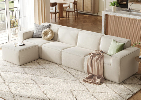 LINSY HOME Modular Sectional Sofa, 134" Boneless Couch L Shaped 4-Seat Sofa with Movable Ottoman, Corduroy Sectional Cloud Couches for Living Room, No Assembly Required, Beige LINSY HOME