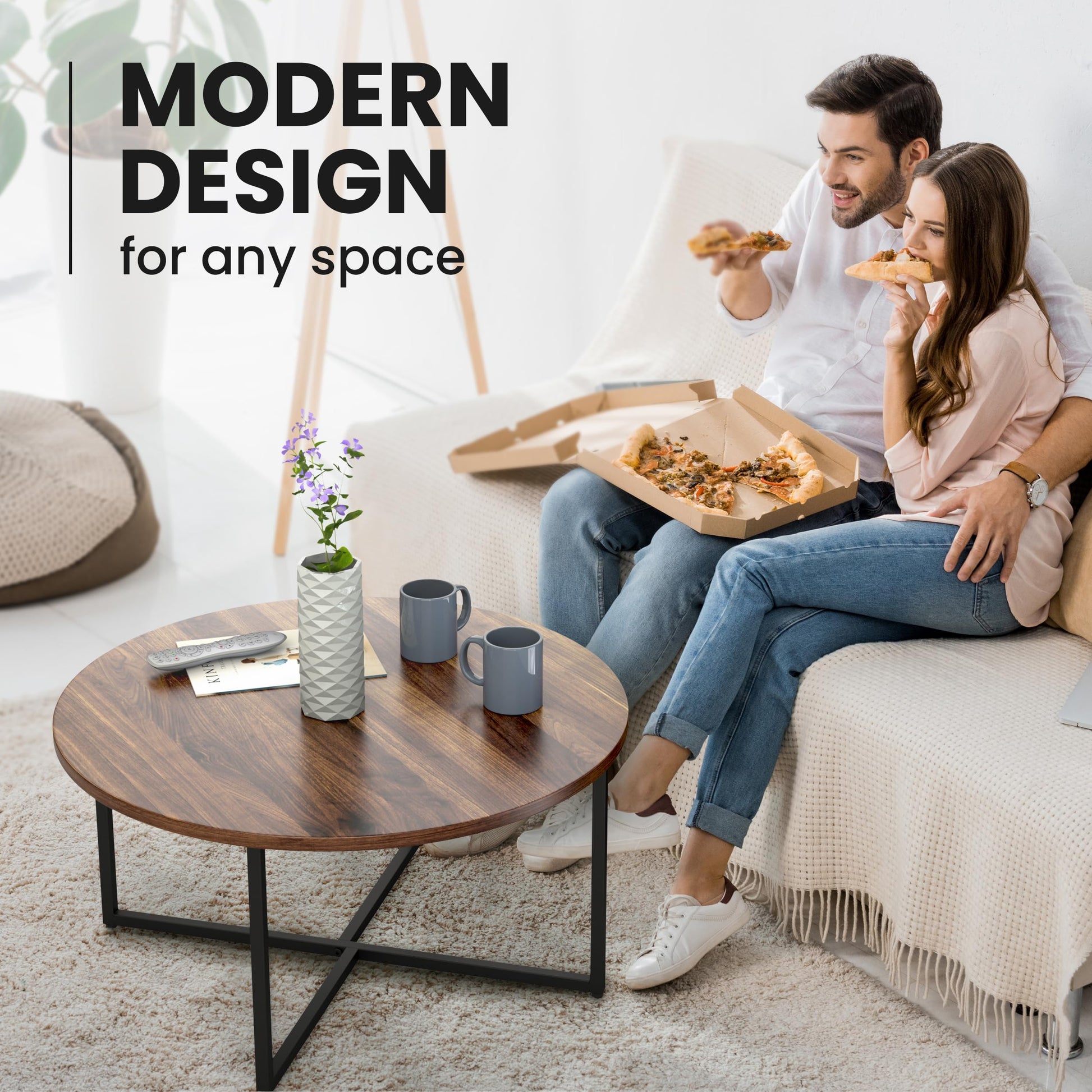 Our Modern Space Round Coffee Table for Living Room | Circular Wooden Top and Metal Frame - Rustic Brown - WoodArtSupply