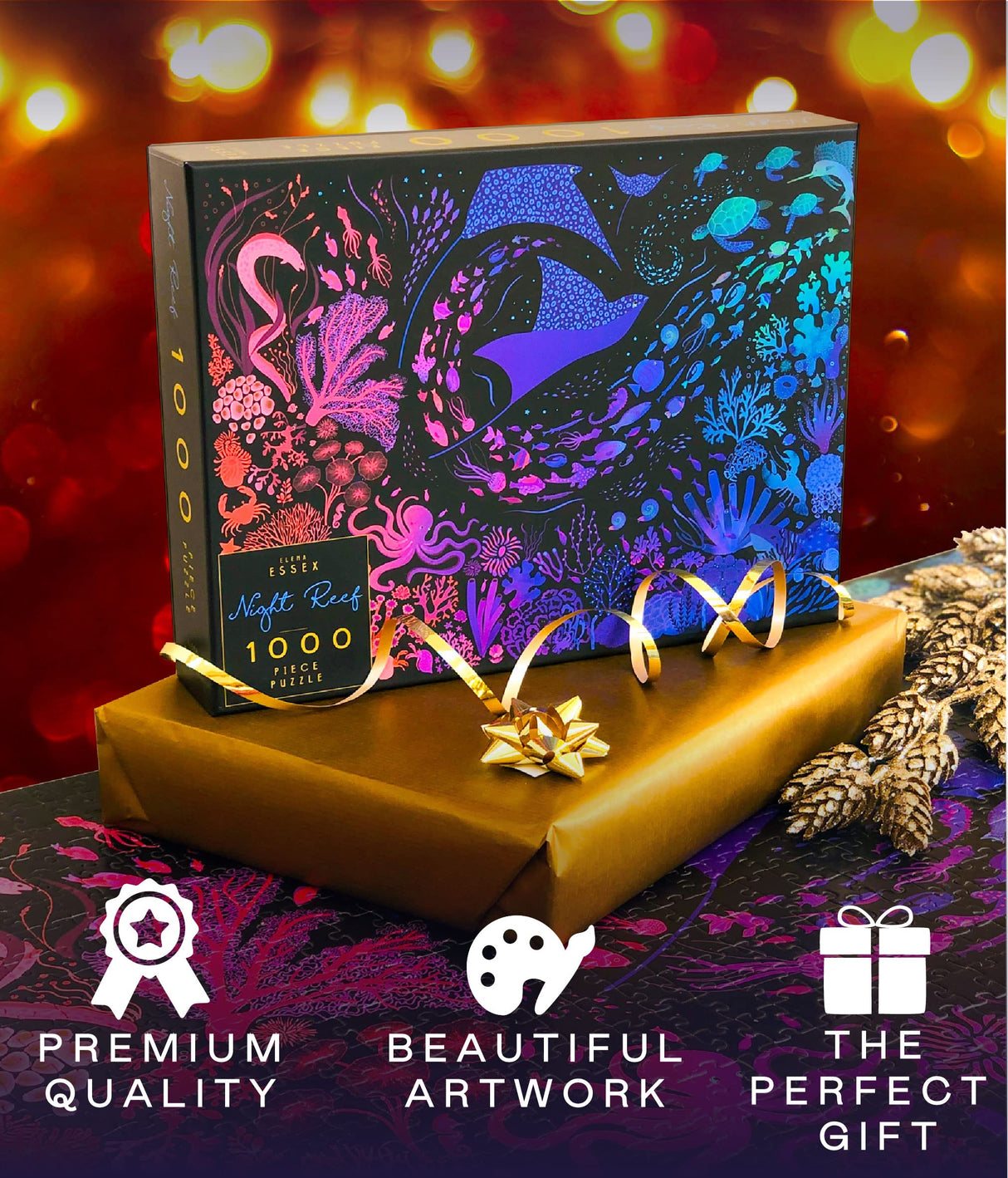 Elena Essex Puzzles for Adults 1000 Pieces - Night Reef | 1000 Piece Puzzle for Adults | Jigsaw Puzzles 1000 Pieces | Coral Reef Ocean Shark Puzzle | Puzzles Size 28x20 inches Elena Essex