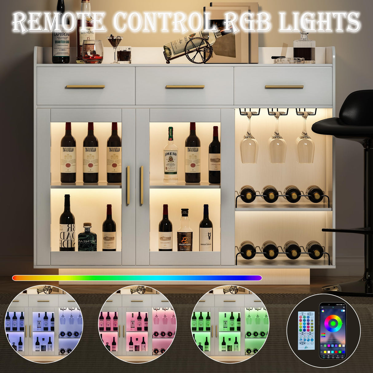 Wine Bar Cabinet with LED Strips, 47.1" Wine Cabinet with 3 Drawer and Power Outlet, Modern Liquor Cabinet with 2 Adjustable Shelves and 2 Glass Door for Living Room, Dining Room wanan