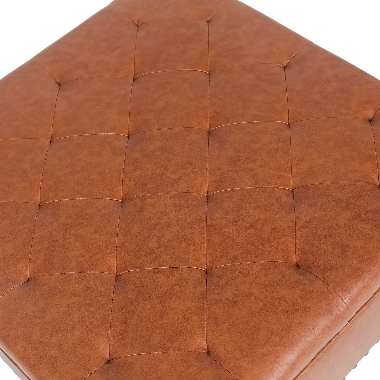 Homebeez Faux Leather Storage Ottoman Bench, Square Coffee Table Footstool Footrest with Wood Legs for Living Room (Cognac Brown) Homebeez