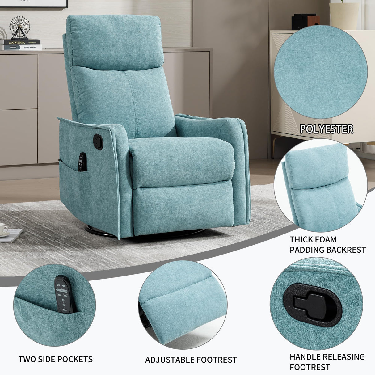 Massage Rocker Swivel Recliner Chair for Adults, Manual Recliner Glider with Lumbar Heating, Technical Flannel Fabric Nursery Glider Rocking Chair with Vibration Massage for Living Room - Green Blue EZZUP