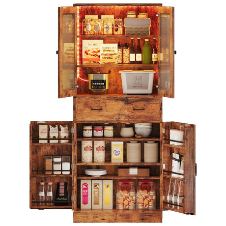 IRONCK 74.8" Tall Kitchen Pantry, Storage Cabinet with LED Lights, Kitchen Cabinet with Acrylic Glass Door, Drawer and Adjustable Shelves, for Kitchen, Dining Room, Vintage Brown IRONCK
