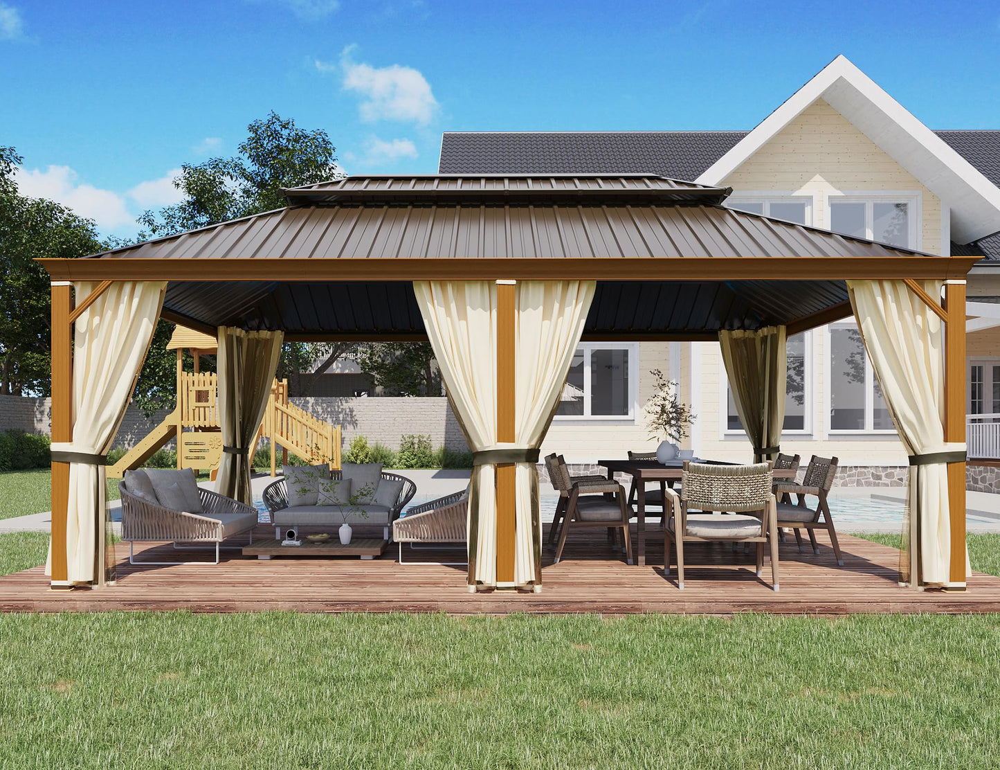 YOLENY 12' x 20' Hardtop Gazebo Faux Wood Grain Metal Gazebo with Aluminum Frame, Galvanized Steel Double Roof, Outdoor Patio Gazebo Pergolas with