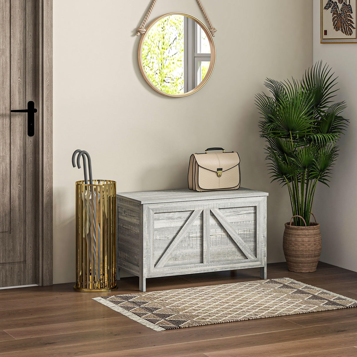 HOMCOM 30" Farmhouse Storage Chest, Lift Top Box Organizer with Safety Hinge to Open Up 100° for Bedroom, Entryway, Living Room, Gray Wood Grain HOMCOM