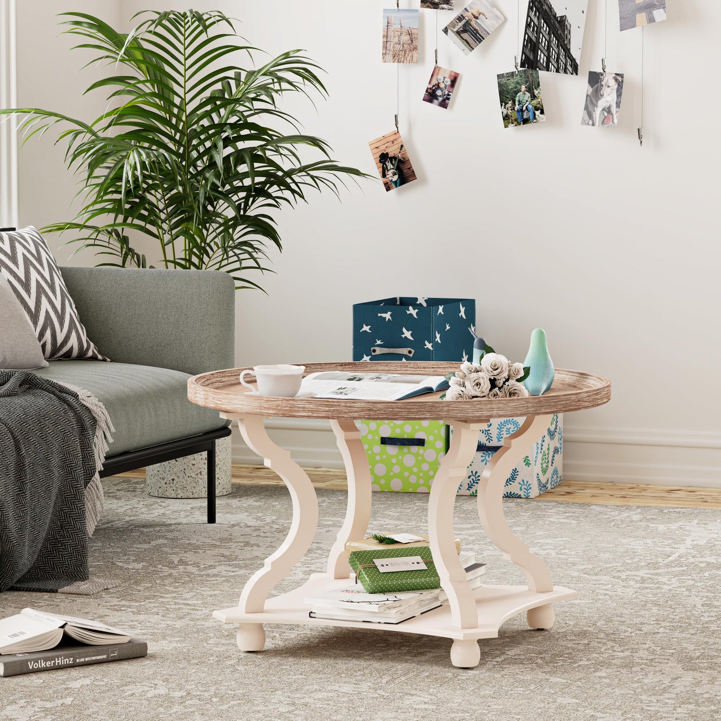 COZAYH Round Farmhouse Coffee Table with Handmade Finish, Wood Tray Top Rustic Coffee Table for Added Thickness, Accent Table with Storage for Living Room, Small Place, White, Circle - WoodArtSupply