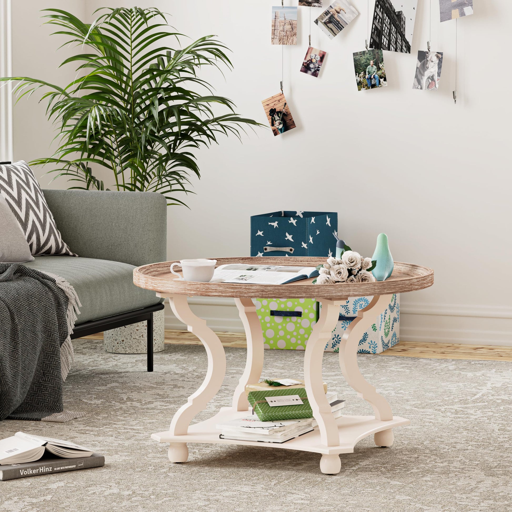 COZAYH Round Farmhouse Coffee Table with Handmade Finish, Wood Tray Top Rustic Coffee Table for Added Thickness, Accent Table with Storage for Living Room, Small Place, White, Circle - WoodArtSupply