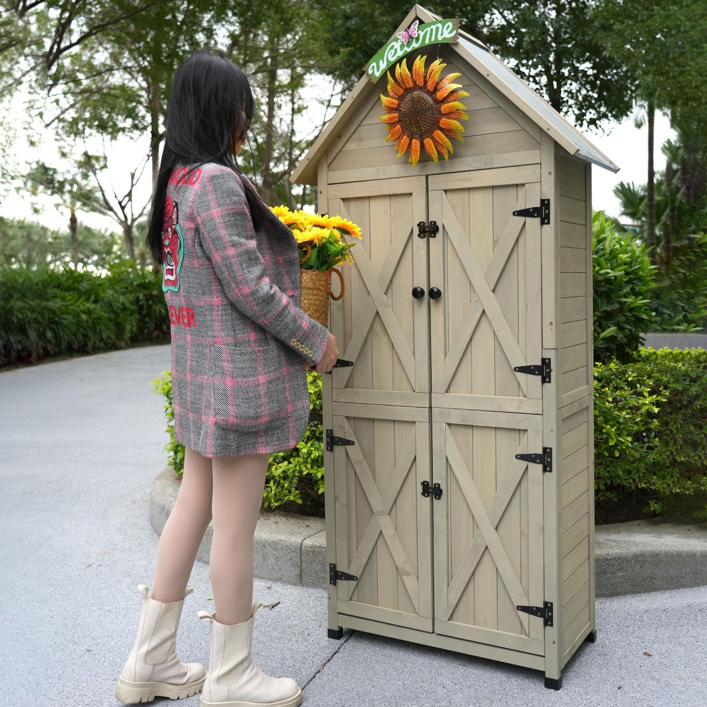 FTCBNet Outdoor Storage Cabinet with Sloping Waterproof Galvanized Sheet Roof 70" Wooden Garden Shed Lockable Tool Cabinet with 4 Removeable Shelves for Patio Backyard Lawn Yard (Gray)