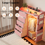 LUMTOK 2-in-1 Dresser with Hanging Racks,5 Fabric Drawers Dressers with LED Lights, Charging Station for Bedroom Living Room, Entryway, Closets (Pink) LUMTOK