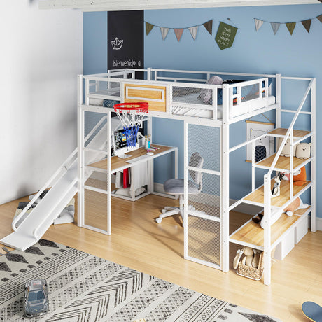SOFTSEA Full Size Loft Bed with Slide and Storage Stairs, Metal Loft Bed with Built-in Desk, Open Wardrobe, Basketball Hoop, Space-Saving Loft Bed Frame with Guardrail for Kids Teens Boys, White SOFTSEA