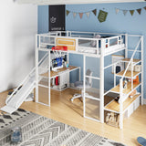 Full Size Loft Bed with Slide and Staircase, Metal Loft Bed Frame with Desk and Basketball Hoop, Loft Full Bed for Boys Teens, White RuiSiSi