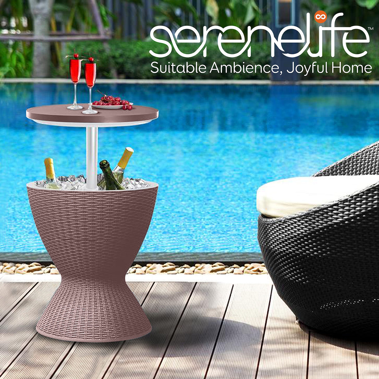 SereneLife Outdoor Cool Bar Table, 7.5 Gallon Beer and Wine Cooler, Patio Furniture & Hot Tub Side Table, Beverage Cooler, All-Weather Resistant Ice Cool Bar, Rattan Style Patio, Cocktail Bar (Grey) SereneLife
