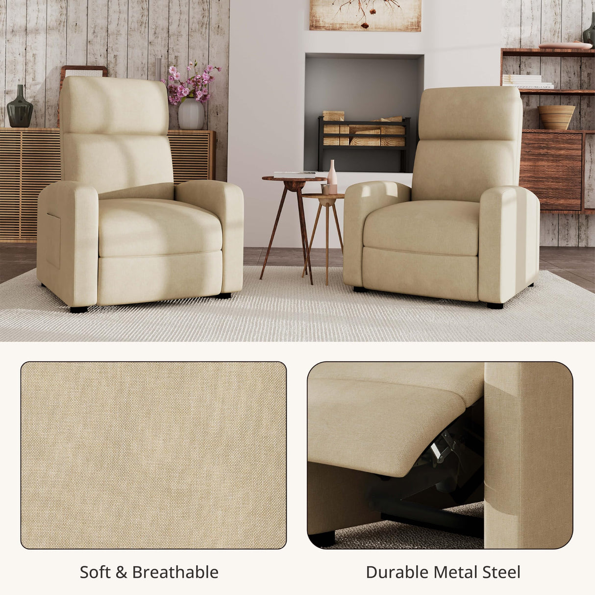 zzlay Recliner Chair for Living Room, Modern Adjustable Home Theater Seating Single Sofa Manual Push Back Armchair with Soft Linen Upholstery & High Backrest for Small Spaces, Linen-Cream zzlay