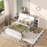 Full Size Storage Bed with Trundle, Wood Platform Bed Frame with Storage Shelves Headboard and Twin Size Trundle Bed, Wooden Full Beds for Kids Boys Girls Teens, White Bellemave