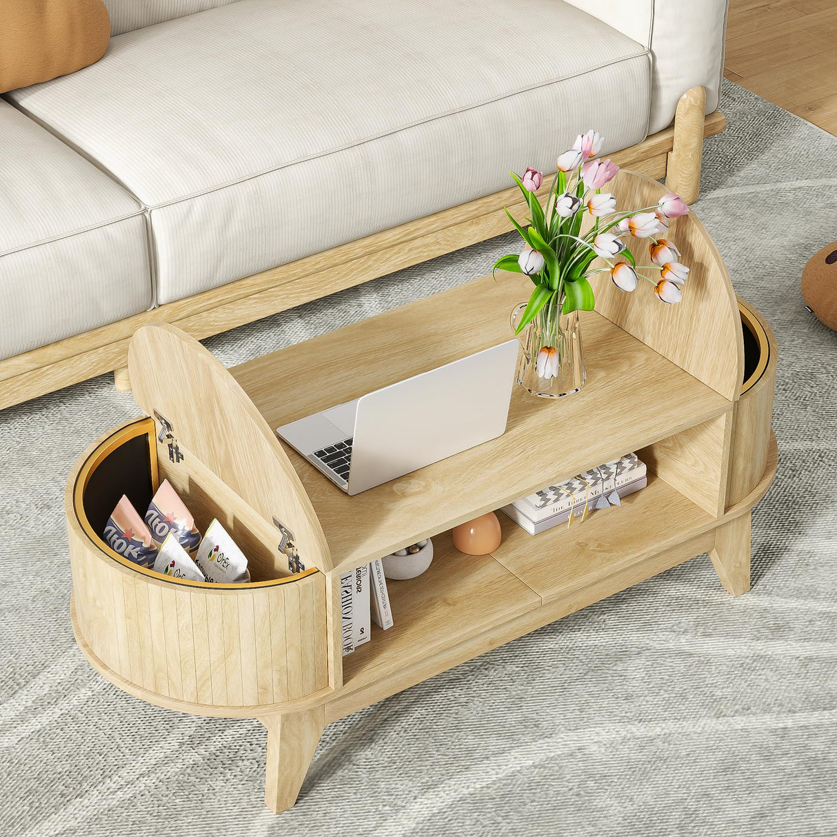 Fsbecl 46.45'' Oval Coffee Tables for Living Room, Mid Century Modern Coffee Table with Storage, Wood Fluted Accent Center Table with Flip-Top Lids for Home,Office (Wood Color) Fsbecl