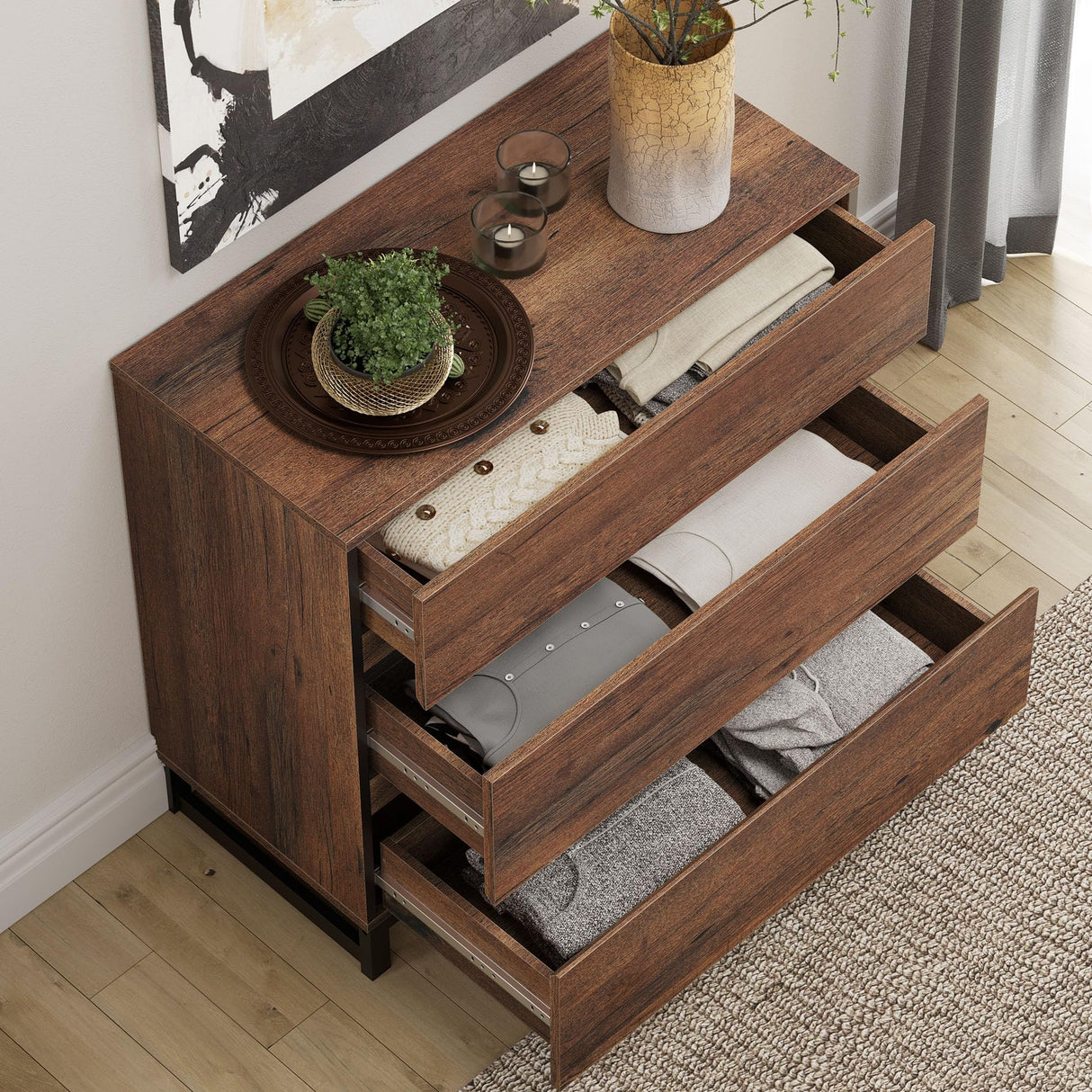 WAMPAT 3 Tier Modern Bookshelf with 12 Drawers, 72" Tall Bookcase with Black Metal Legs, Large Display Bookcase Organizers，Library Wood Bookshelves for Home Office, Living Room, Brown WAMPAT